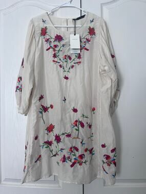 Zara Woman Boho Vibrant Floral Embroidery Tunic Dress Sheer Sz L Balloon Sleeve